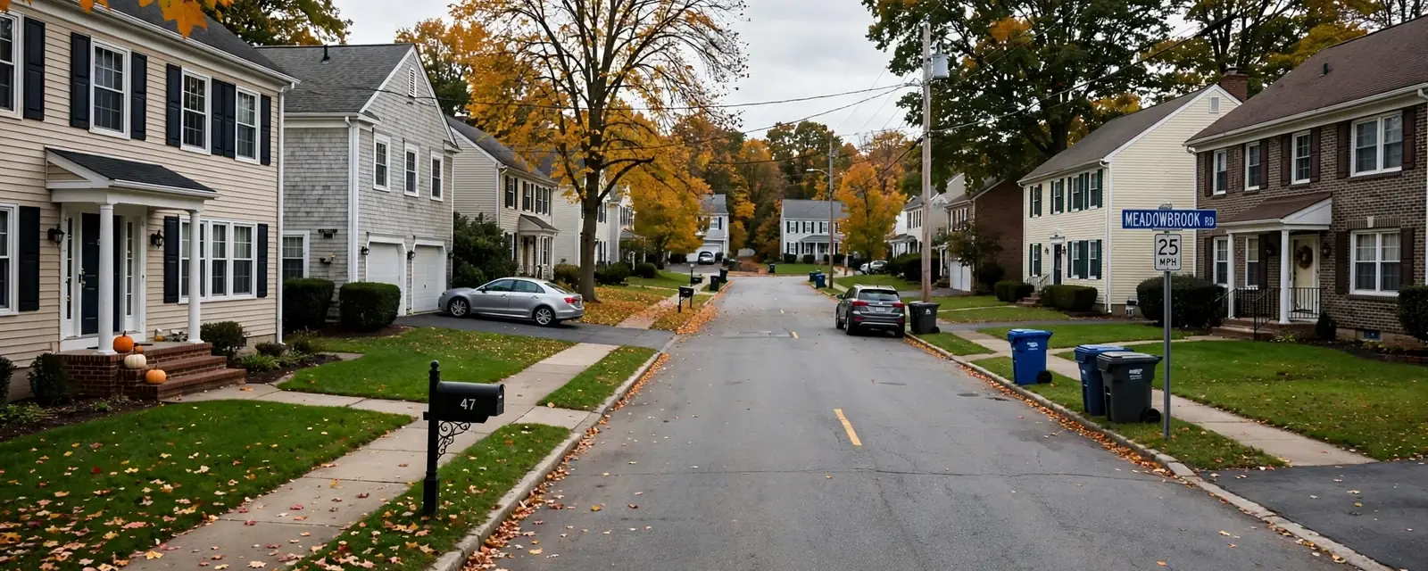 Residential street with houses and autumn leaves in Springfield, NJ