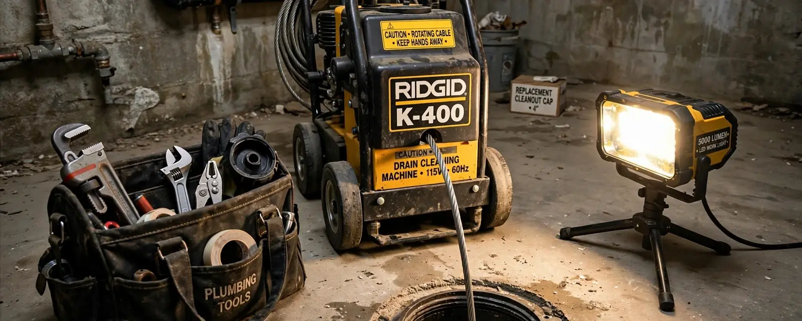 Drain cleaning machine and tool bag beside a basement floor drain