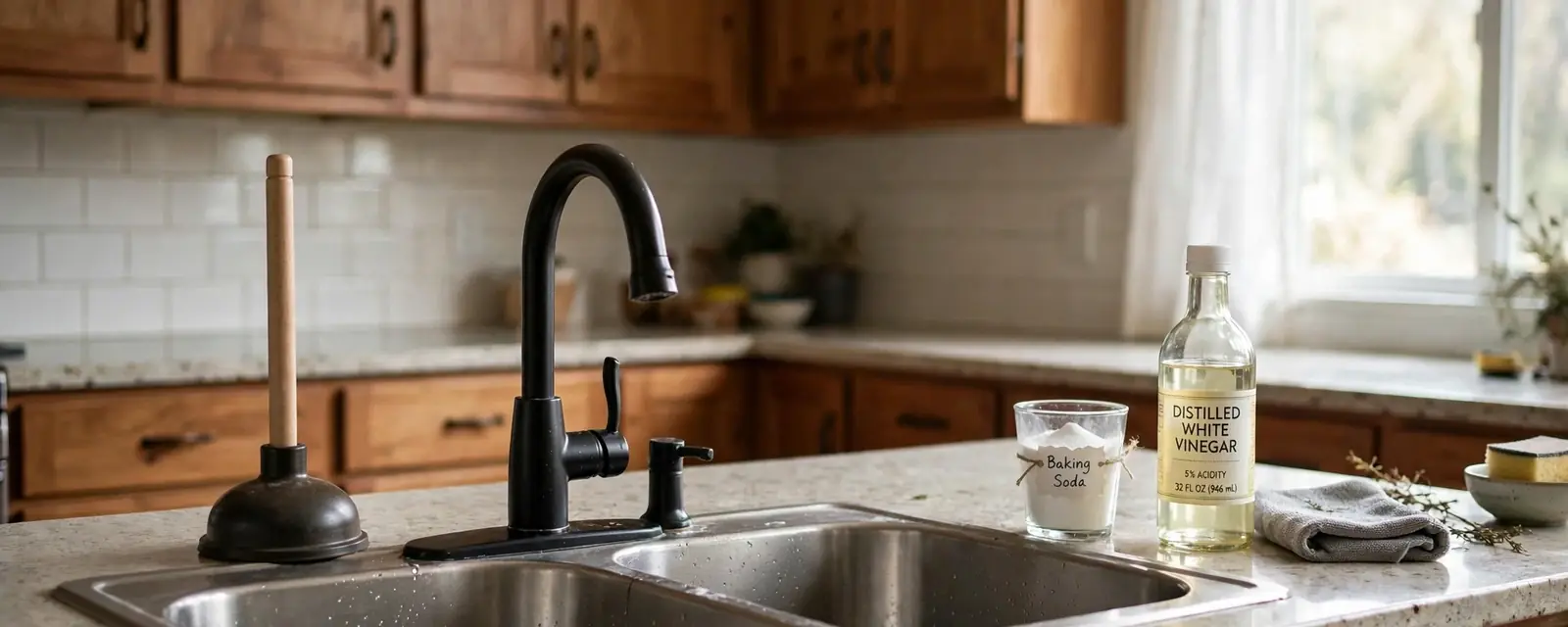 Kitchen sink with a plunger, vinegar and baking soda on the counter