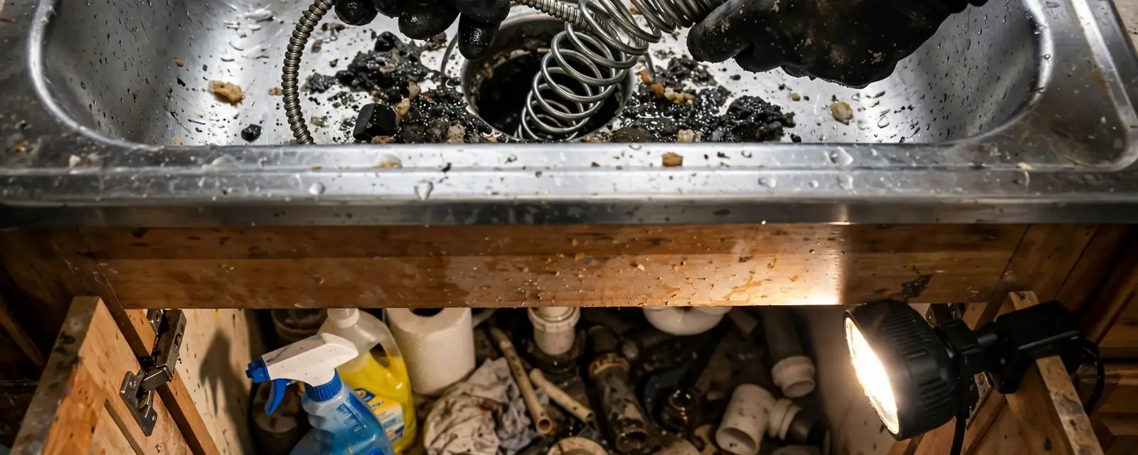 Plumber feeding a drain cable into a kitchen sink drain with a cleaner-filled cabinet below
